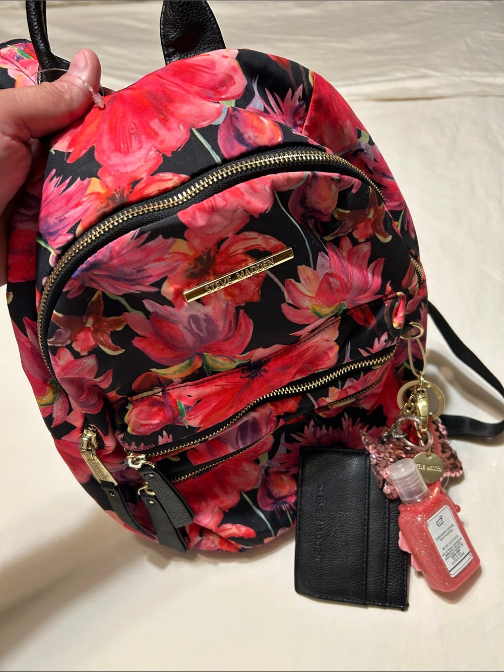 Steve Madden Black Mini Backpack with Red and Pink Floral Print